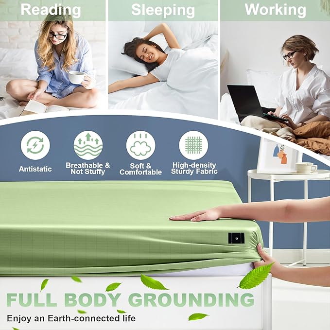 Grounding Sheets Twin Size Premium Cotton for Healthy Sleep Therapy, Deep Pocket Grounding Fitted Sheets Includes Grounding Cord (Sage Green, Twin -39"x75"x14")