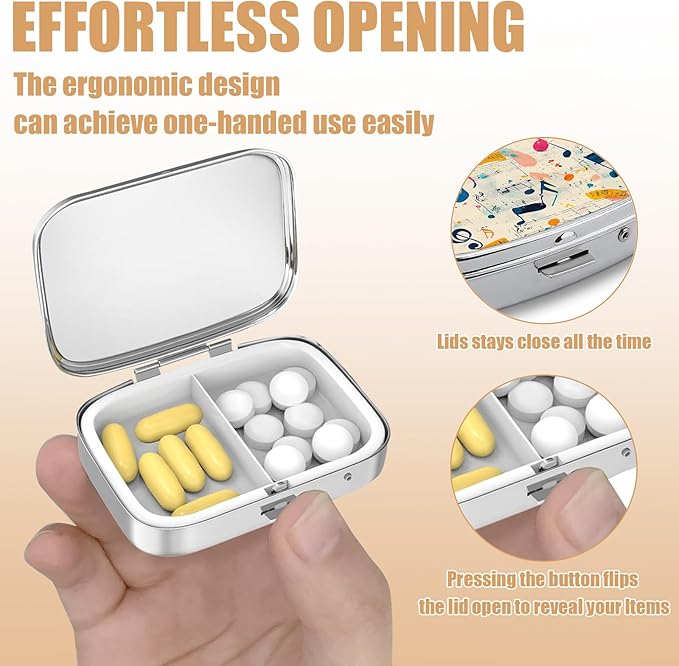 Pill Box-2 Compartment Small Pill Case Square Organizer Case with Mirror Portable Metal Medicine Box Travel Container for Pocket & Purse Women Men(Vintage Music Notes)