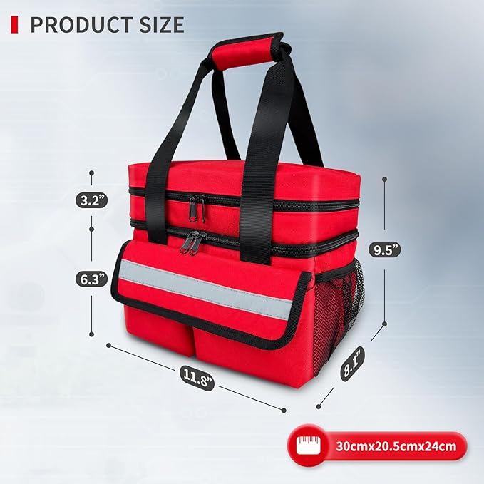 Large Pill Bottle Organizer Storage with Removable Dividers & Double Layer, Travel Medication Bag for Prescription Bottles, Medical Supplies, 11.8”x8.1”x9.5” (Red,Bag Only)
