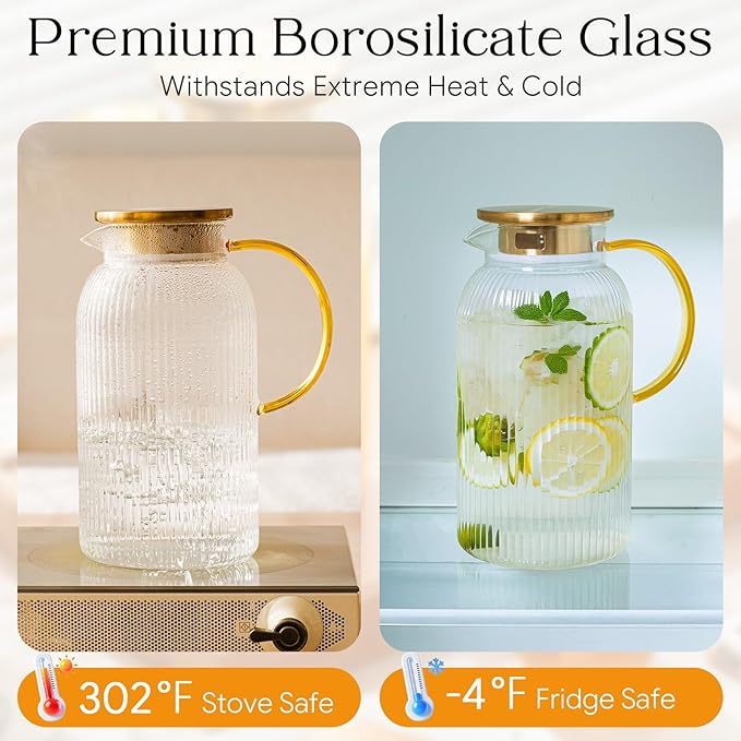 OneDream 2 Pack Glass Pitcher with Lid, 68 oz Heat-Resistant Borosilicate Glass Water Pitcher, Wide Mouth Round Glass Pitcher with Handle, Leak-Proof Silicone-Edged Lid, for Iced Tea, Coffee, Juice