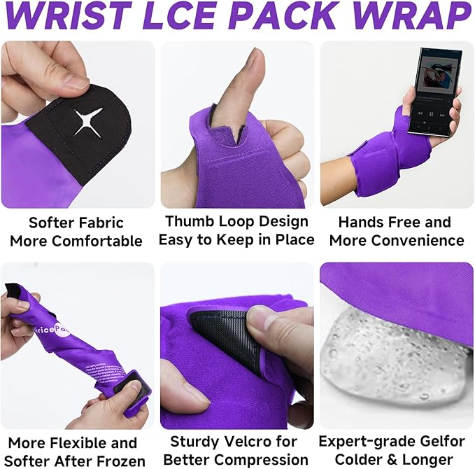 Wrist Ice Pack Wrap for Carpal Tunnel Relief, 2 Gel Ice Packs for Injuries Reusable for Wrist Hand Pain, Hot Cold Compress Brace for Achilles Tendonitis, Tenosynovitis, Purple
