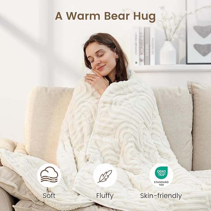 Sherpa Fleece Adult Weighted Blanket Great for Sleep, 15 lbs Dual Sided Soft Fuzzy Heavy Blankets for Couch Bed Sofa, Cozy Warm Arched Jacquard Throw for Winter (Cream White, 60" x 80", 15 Pounds)