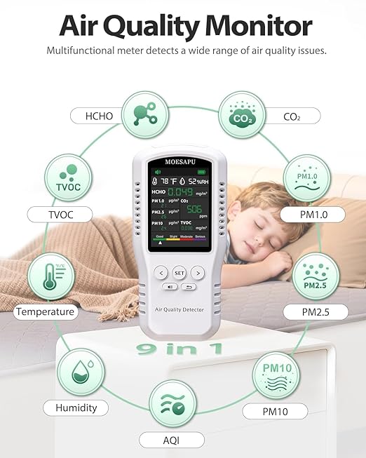 9-in-1 Air Quality Monitor, HCHO TVOC CO2 PM10 PM2.5 PM1.0 Detector, Formaldehyde Alarm, Particulate Matter Tester, Carbon Dioxide Meter, AQI with Temperature Humidity Reader in Home