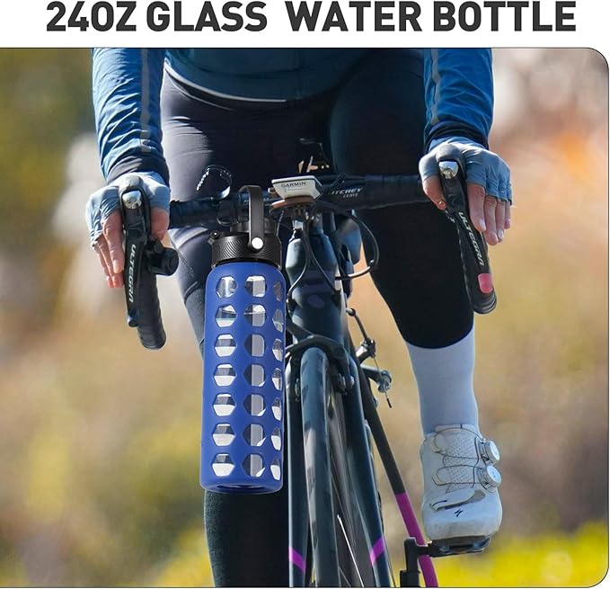 MUKOKO Glass Water Bottles, 24oz Glass Tumbler with Straw, Drinking Bottles with 2 Lids-Handle Spout Lid&Bamboo Straw Lid, Motivational Water Bottle with Time Marker and Silicone Sleeve, 1 Pack-Blue