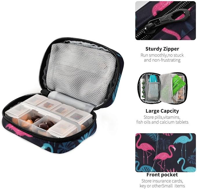 Travel Pill Case Flamingo Monstera Palm Tree and Leaf Weekly Small Pill Box 7 Day Pill Box Pill Organizer Bag