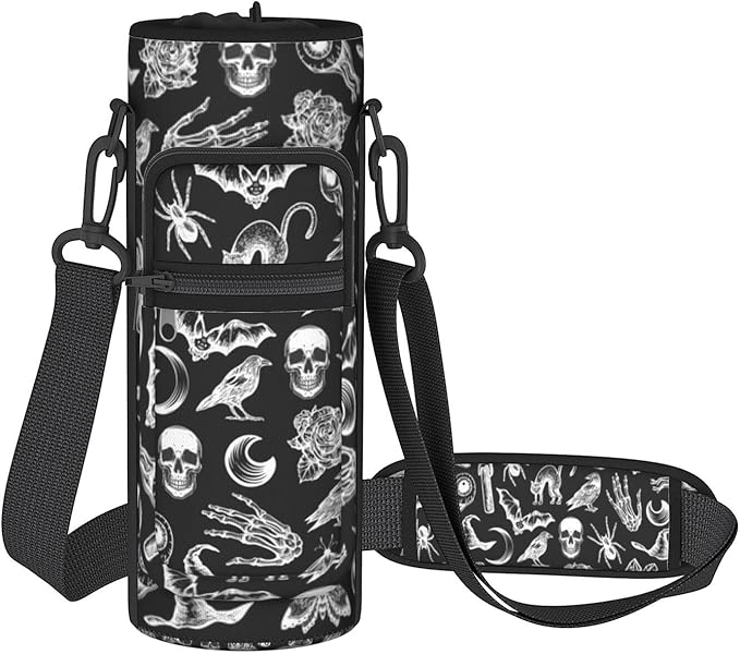 Goth Water Bottle Sling Bag for 25oz/32oz Tumblers,Adjustable Neoprene Water Bottle Carrier Bag,Insulated Carrier with Shoulder Strap & Phone Pocket - Halloween Goth Gifts for Women