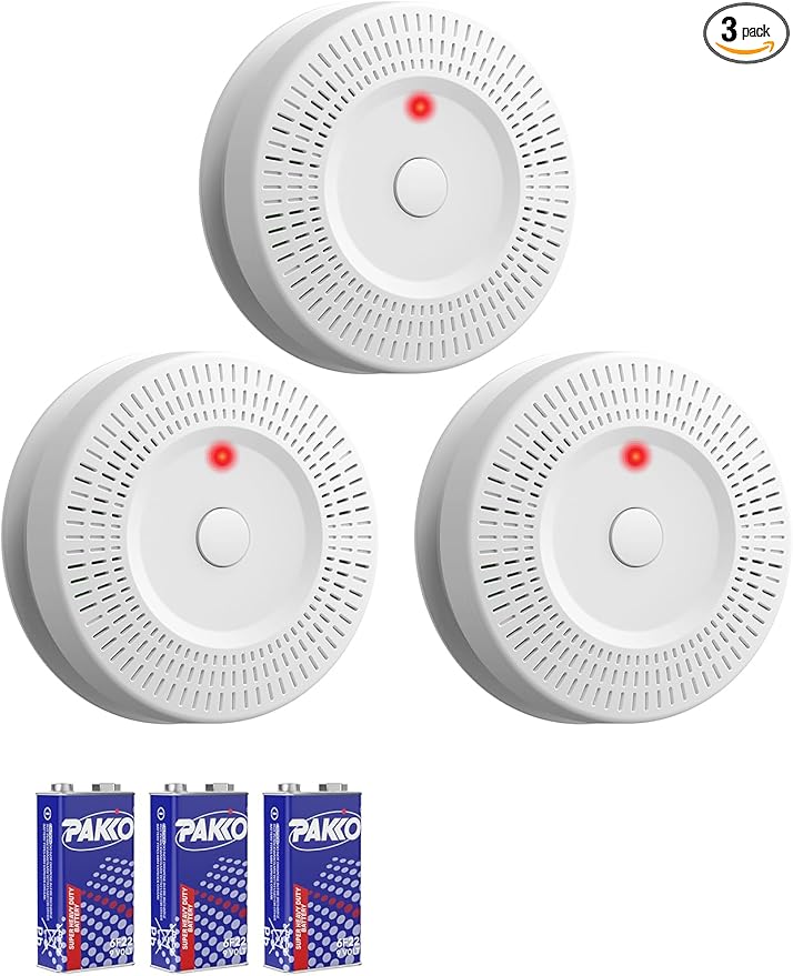 Smoke Detector, 9V Battery Operated, Smoke Alarm with LED Indicator, Silence Button, Battery Powered, White, 3 Pack