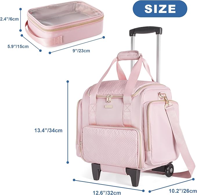 Rolling Medicine Bag for Travel, Large Pill Bottle Storage Bag on Wheels with 4 Cases and Detachable Trolley,Pink