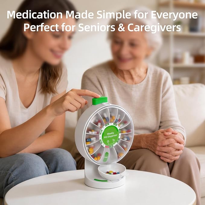 JULOS Daily Pill Organizer with One-Press Button for Elderly, Large 14 Compartment with Cup, Wall Mounted or Countertop Medicine Dispenser, Easy Pill Holder for Medicine, Vitamin or Supplements, Green