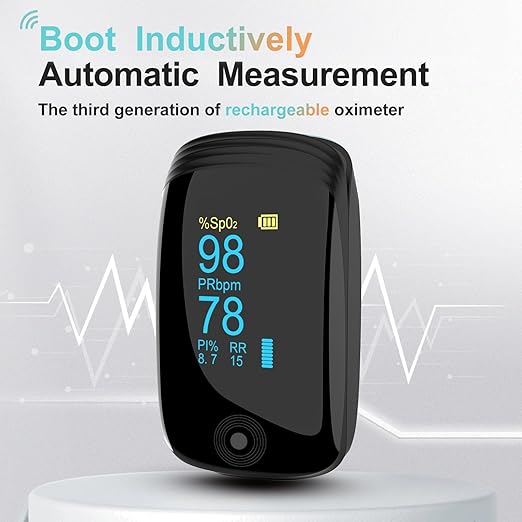 Fingertip Pulse Oximeter with Respiration Rate & Respiratory Monitoring SpO2, Heart Rate, PI & RR Measurements, Blood oximeter Rechargeable 6 Display Modes & 4-Way Rotatable Screen for Home & Sports Use（Black）