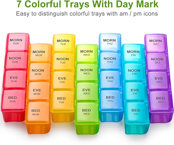 Sukuos Weekly Pill Organizer 4 Times a Day with PU Leather Case, Large 7 Day Pill Box (Morning Noon Eve Bed), Daily Pill Case for Vitamin/Fish Oil/Supplements