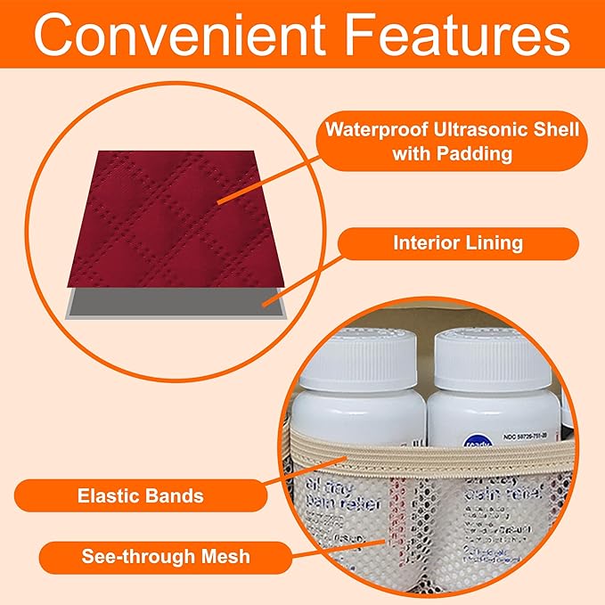 Large Travel Pill Bottle Organizer, Slim Medicine Bag, Carrier for Medications and Medical Supplies - Red Wine Ultrasonic