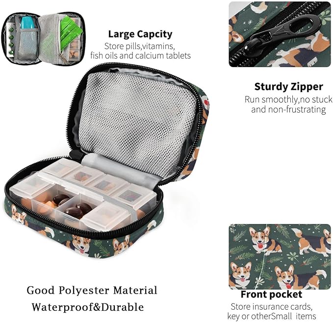 Fustylead Cute Welsh Corgi and Pine Cypress Leaves Pill Organizers 2 Times A Day Pill Case Bag with Zipper Portable Weekly Pill Dispensers for Vitamin Supplement