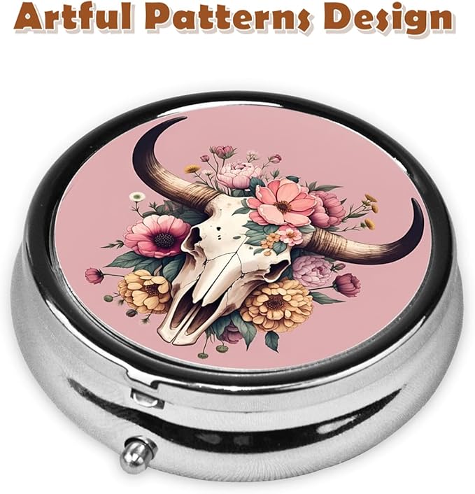 Metal Pill Organizer - 3-Compartment Mini Round Pill Case for Pocket & Purse, Portable Vitamin Holder, Easy-Open Design for Travel - Cow Skull Flowers
