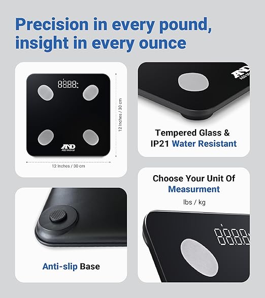 A&D Medical Smart Scale for Body Weight - UC-450BLE - Bluetooth Body Fat Scale with BMI, Body Composition, Digital Bathroom Scale, Tracks 7 Biometrics, Syncs with A&D App - 397lb