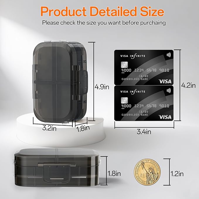 Foldable Travel Pill Organizer 3 Layers Large Capacity, Portable Pill Box Case with 9 Compartments for Medication Vitamins Supplements (Black)