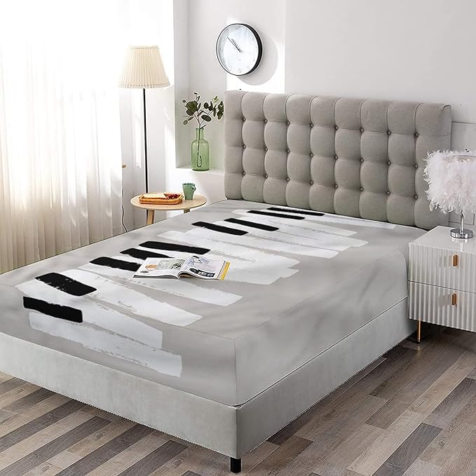 XISUNYA Decorative Bedding Sheet Set Cal-King Size, Piano Deep Pockets Fitted Sheet & 2 Pillow Sham Set, Doodle Keyboard Contemporary Print Microfiber 3pc Bed Sheets Set, for Women & Men Bedding