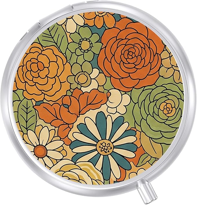 Round Pill Case Small Pill Box with Mirror Pocket 3 Compartment Vitamin Pill Medicine Case Organizer Pill Containers for Traveling Vintage Flower One