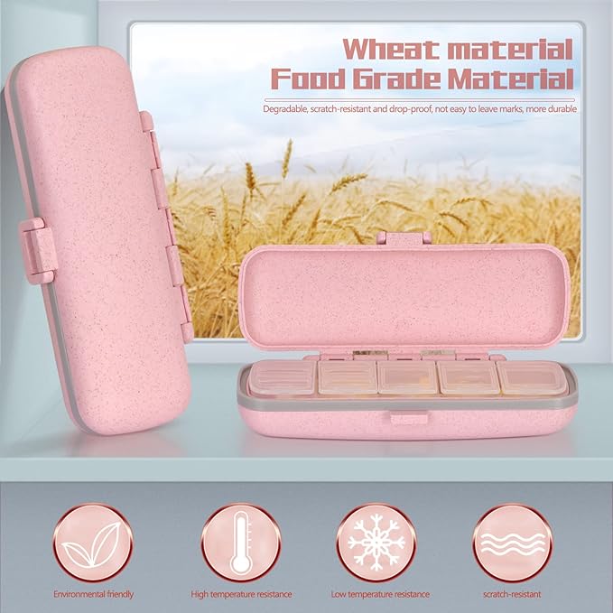 Naturetouch Pill Organizer, 7 Compartments Pill Box Portable Travel Medicine Organizer for Purse or Pocket 7 Day Pill Dispenser Storage Case with Lock for Vitamin Medication Fish Oil Supplements Pink