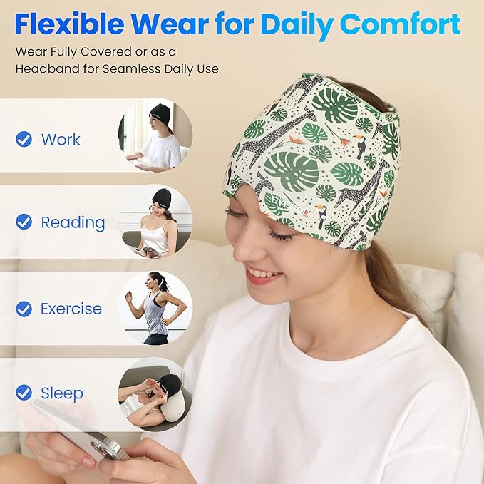 Migraine Relief Cap, Reusable Headache Relief Cap with Hot & Cold Therapy, Soothing Headache Hat, Odorless Gel Ice Head Wrap for Tension, Stress, Sinus & Headache, Rainforest Style, 1Pc