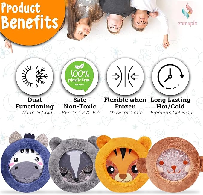 ZOMAPLE Boo Boo Ice Packs for Kids, 4 Pack, Boys Set – Calm Tears Fast with Hot & Cold Relief – Leakproof, Flexible When Frozen, BPA & PVC Free Gel – Kids Ice Packs for Boo Boos in Animal Designs