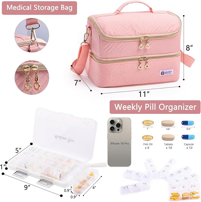 BAGSFY Travel Medicine Bag Organizer with Weekly Pill Organizer 3 Times A Day, 7-Day Pill Box AM & PM Pill Organizer, Medication Organizer Storage, First Aid Bag, Pill Bottle Organizer with Pill Case