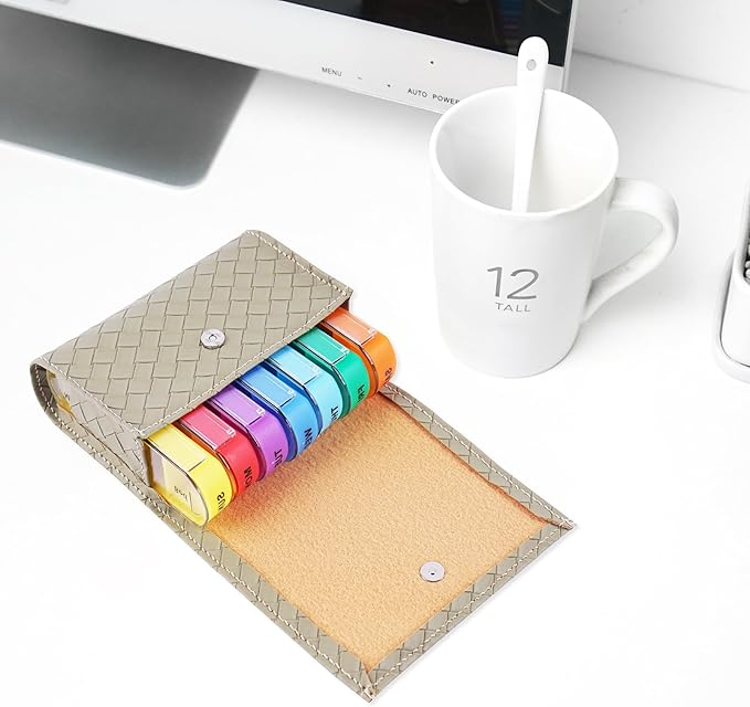 Pill Organizer,LIZIMANDU Weekly Travel Pill Case Box Medication Reminder Daily AM PM, Day Night 7 Compartments,for 4 Times A Day, 7 Days a Week-Includes Leather PU Carrying Case(1-Weave Green1)