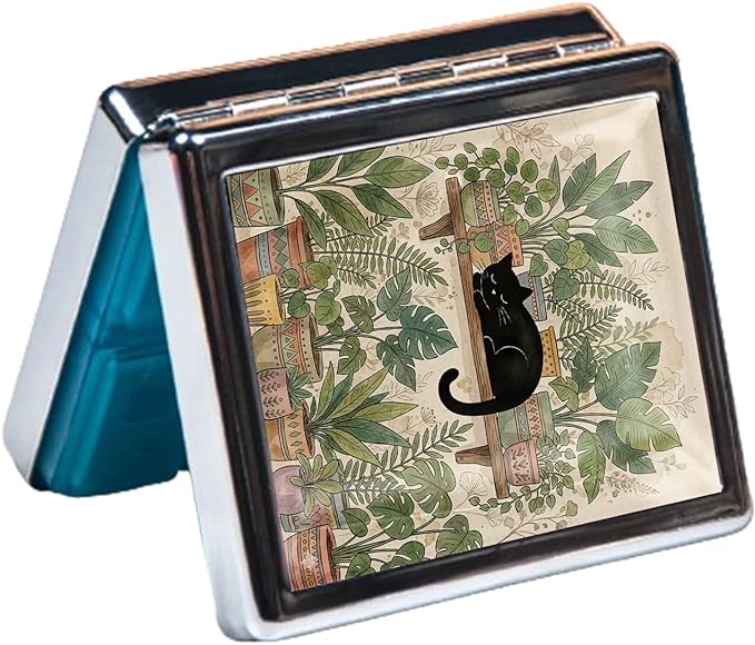 Metal 7 Day Pill Organizer, Weekly Pill Case with 8 Compartments, Travel Pill Box for Purse & Pocket, Small Medicine & Vitamin Organizer with PP Dividers (Botanical Black Cat)