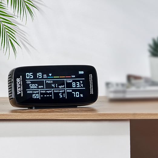 VEVOR Air Quality Monitor 9-in-1, CO2, Temperature, Humidity, Formaldehyde TVOC AQI Tester, Professional PM2.5 PM10 PM1.0 Particle Counter for Indoor/Outdoor, Air Quality Meter w/Alarm Thresholds