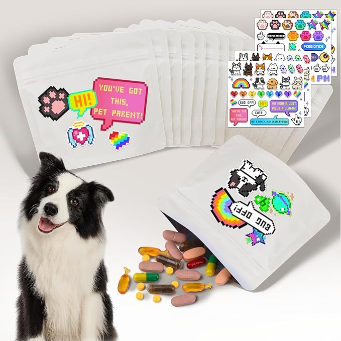 Reusable Pet Pill Pouches for Light Medicine,- 200pcs Capacitywith Zippered Seal, Zippered Medicine Bags with Fun Labels,Waterproof for Medications, Vitamins, Treats (White Dog)