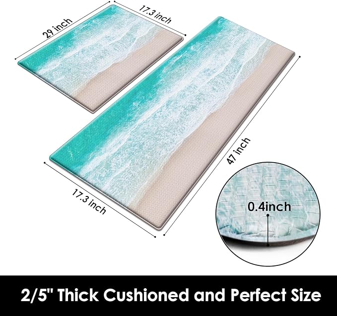 Arttown Summer Beach Sea Ocean Anti-Fatigue Kitchen Rug Set of 2 Blue Teal Cushioned Floor Standing Mat Waterproof Non-Slip Kitchen Mat and PVC Ergonomic Comfort Foam Rug