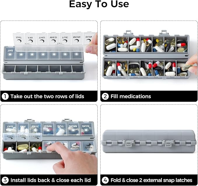 Foldable Pill Organizer Weekly 2 Times a Day, 7 Day Portable AM PM Travel Pill Case with Black&White Labels, Dual-Protection Daily Medicine Box, Large Pill Container for Vitamin/Supplement-Grey