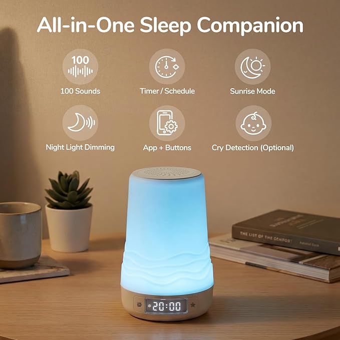 Mewaii White Noise Sound Machine for Adults & Baby with Night Light, Sunrise Alarm Clock, App Control, 100 Sounds & AI Cry Detection, Custom Routines Builder, Toddler Sleep Trainer, Registry Essential