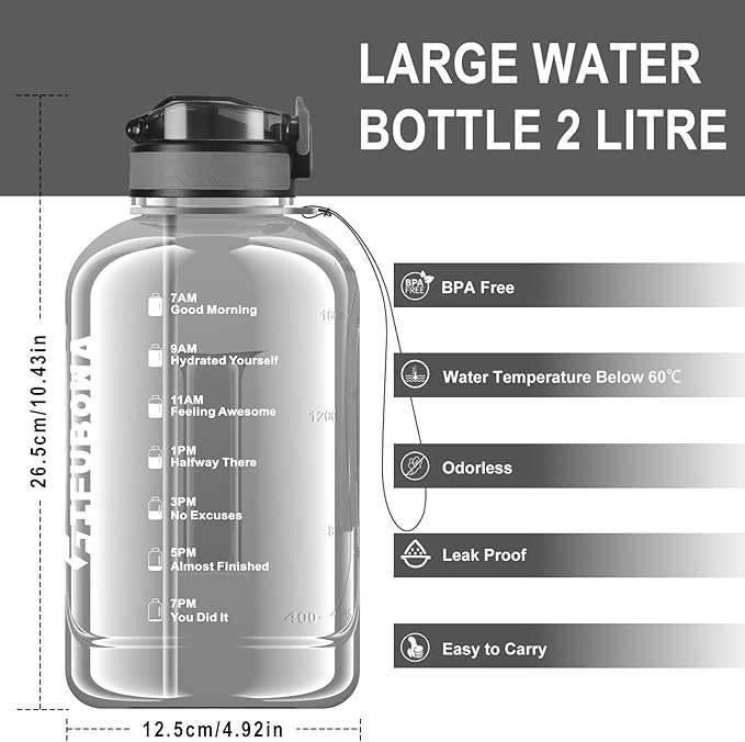 GIFUBOWA 2l Water Bottle with Straw Cap Large 2 litre Jug with Handle and Motivational 64oz Drinking Jug Transparent Grey