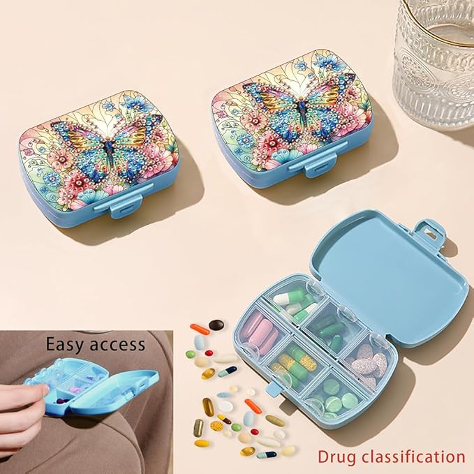 C'eitura DIY Flower Butterfly Diamond Art Painting Blue Pill Organizer with 6 Lid Detachable Compartments, Fun DIY Craft Project for Adults, Elegant Pill Case for Purse & Travel