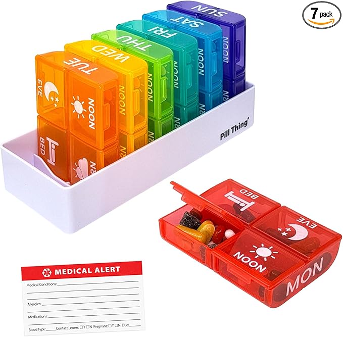 Large Weekly Pill Organizer 4 Times a Day – 7 Day Color-Coded Pill Boxes with Larger Compartments, Secure Snap-in Tray, BPA Free, Medical Alert Card Included (4X a Day - 1 Pack)