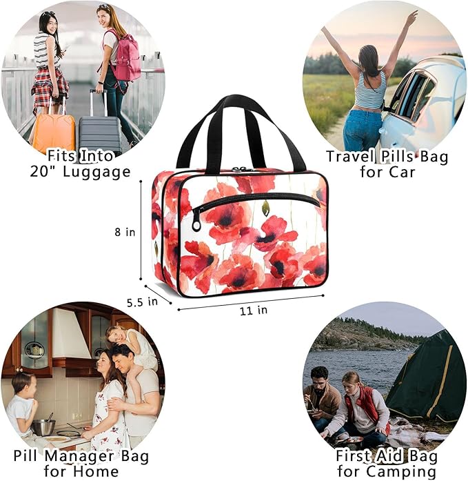 Naanle Pill Organizer Bag Travel Pill Bottle Medicine Organizer Home Storage Medication Bag for Vitamin Supplements, Watercolor Poppy Flower Empty First Aid Bag for Car Camping, 1.0 Count