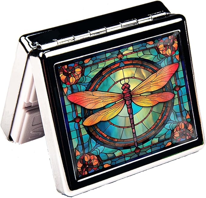 7 Days Chromed Shiny Silver Pill Organizer with Mirror Inside Has 8 Separate Compartments Rectangle 7 Days Pill Box Pill Case (Dragonfly Stained Glass)
