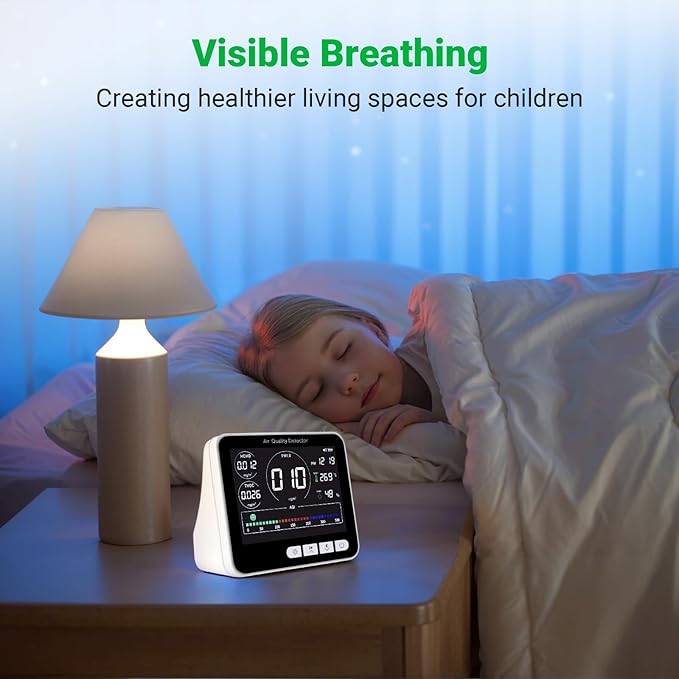 BIBIRE 14-in-1 Air Quality Monitor Indoor with Beep Alarm, 6 AQI Air Detector with PM1.0|PM2.5|PM10|HCHO|TVOC|AQI|Temperature|Humidity|Time for Home, Hotel, Office, Car, Battery Powered