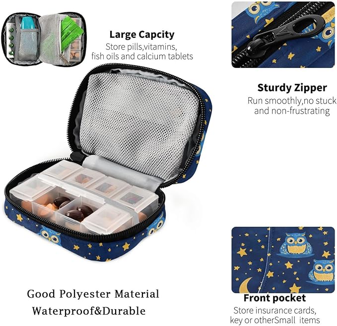 Fustylead Cute Blue Owls Moon Stars Night Sky Doodle Pill Organizer and Storage Weekly with Zipper, Removable Pill Box Portable Medicine Organizer for Vitamin Fish Oil Supplement