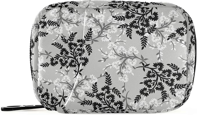 xigua Pill Organizer 7-Day Travel Pill Box Bag Black & Grey Small Flowers Pattern Daily Pill Case with Zipper Portable Suitable,Vitamin Supplement Holder
