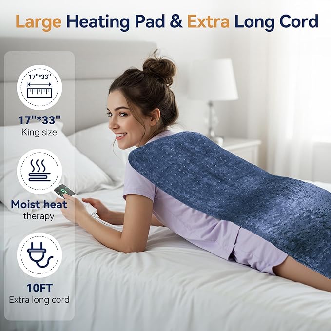 Extra Large Heating Pad for Back Pain Relief, 33"x17" Electric Heat Pad for Neck, Shoulders, Cramps, Menstrual Pain, 9 Heat Settings & 4 Auto-Off Timers, Soft Machine Wash Fabric, Gifts for Lover Blue
