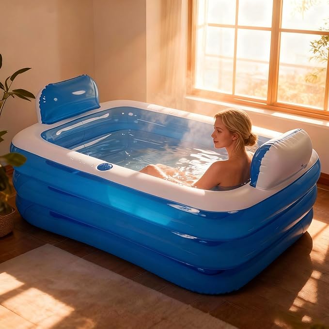 Double Inflatable Bathtub for Adults with Electric Air Pump, Portable 2-Person Spa Tub for Outdoor/Indoor Use, Includes Bath Pillow, Drain & Cup Holder, Foldable Storage, Blue