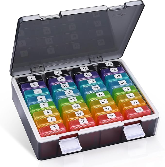 Fullicon Monthly Pill Organizer 1 Time a Day with 32 Compartments, 30 Day Pill Organizer with Labels, Portable Medicine Pill Organizer for Vitamin, Fish Oil, Supplements (Black/Rainbow)
