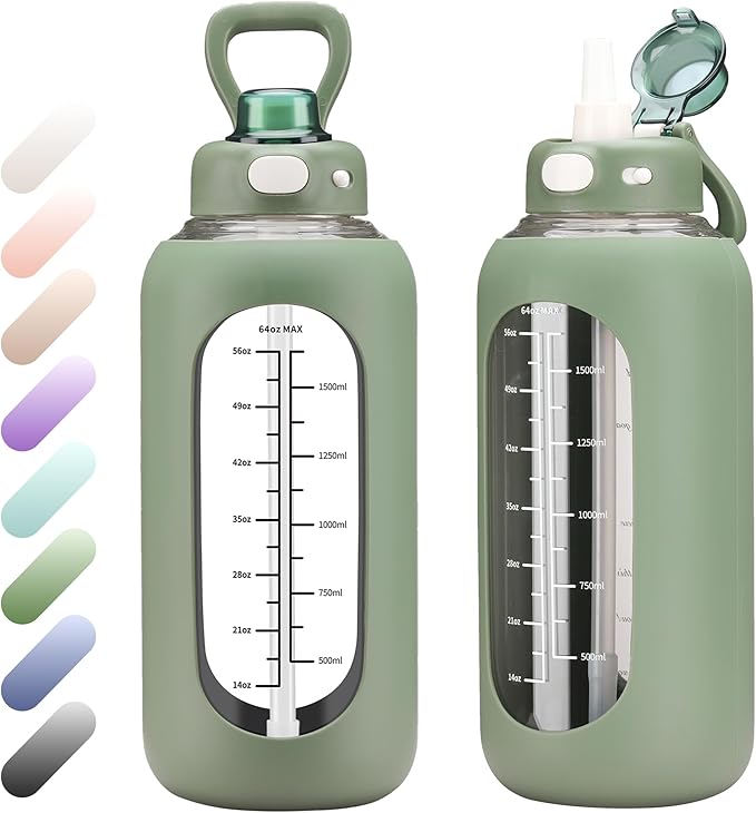 SIEROZUR 42 oz Glass Water Bottle with Straw and Handle Half Gallon Large Water Bottle with Silicone Sleeve and Time Marker Sports Water Jug Wide Mouth for Travel Gym