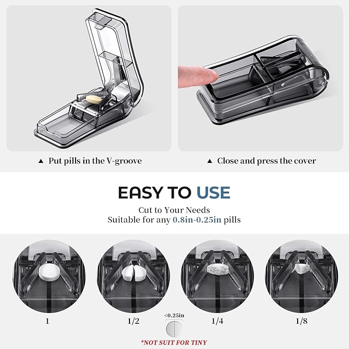 2-Pack Pill Cutter for Small or Large Pills – Professional Pill Splitter with Sharp Stainless Steel Blade, V-Shape Holder & Doubles as a Pill Organizer – Not Suitable for Tiny Pills