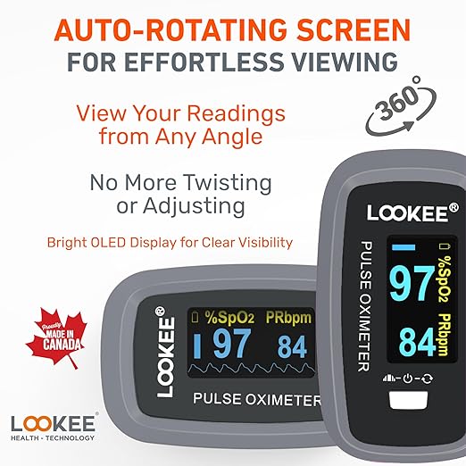 LOOKEE LK50D1 Deluxe Fingertip Pulse Oximeter - Finger SpO2 Blood Oxygen Saturation Monitor with Auto Rotate OLED Display Plethysmograph Waveform & Pulse Graph - Batteries Included