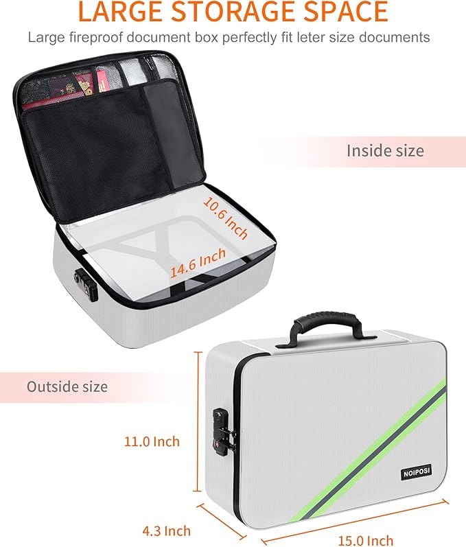 Noiposi Document Organizer with Lock, 15.0"x11.0"x4.3" Waterproof & Fireproof Document Box, Portable Home Safe Storage for Important Files, Silver