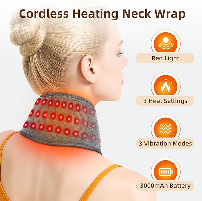 Cordless Neck Heating Pad for Pain, Neck Massager with 660nm 850nm Red Light, Heated Neck Wrap with 3000mAh Rechargeable, 3 Levels Heat & Massage, Gray