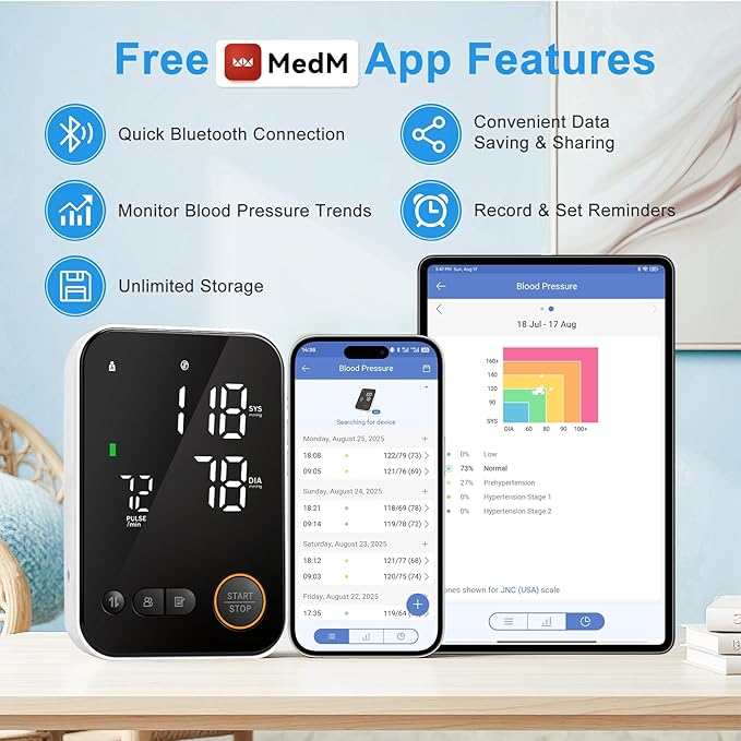 Blood Pressure Monitor Upper Arm - Bluetooth iOS & Android Compatible One-Button Operation Voice Broadcast Large LED Display Backlit 2x120 Memory Adjustable Cuff 8.7"-16.5" with Storage Bag Black
